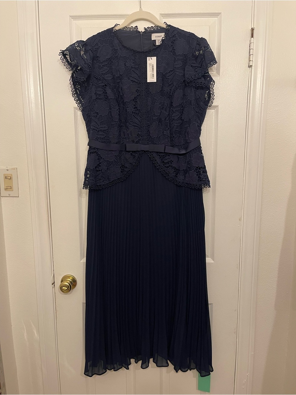 Coast Navy Lace & Pleated Midi Dress with Waist Ribbon